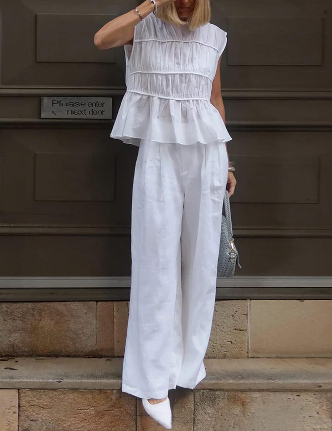 MISSACTIVER Women's Casual Tiered Shirred Tank Top Crew Neck Cap Sleeve Pleated Flared Hem Babydoll Tee Shirt Blouse Tops White