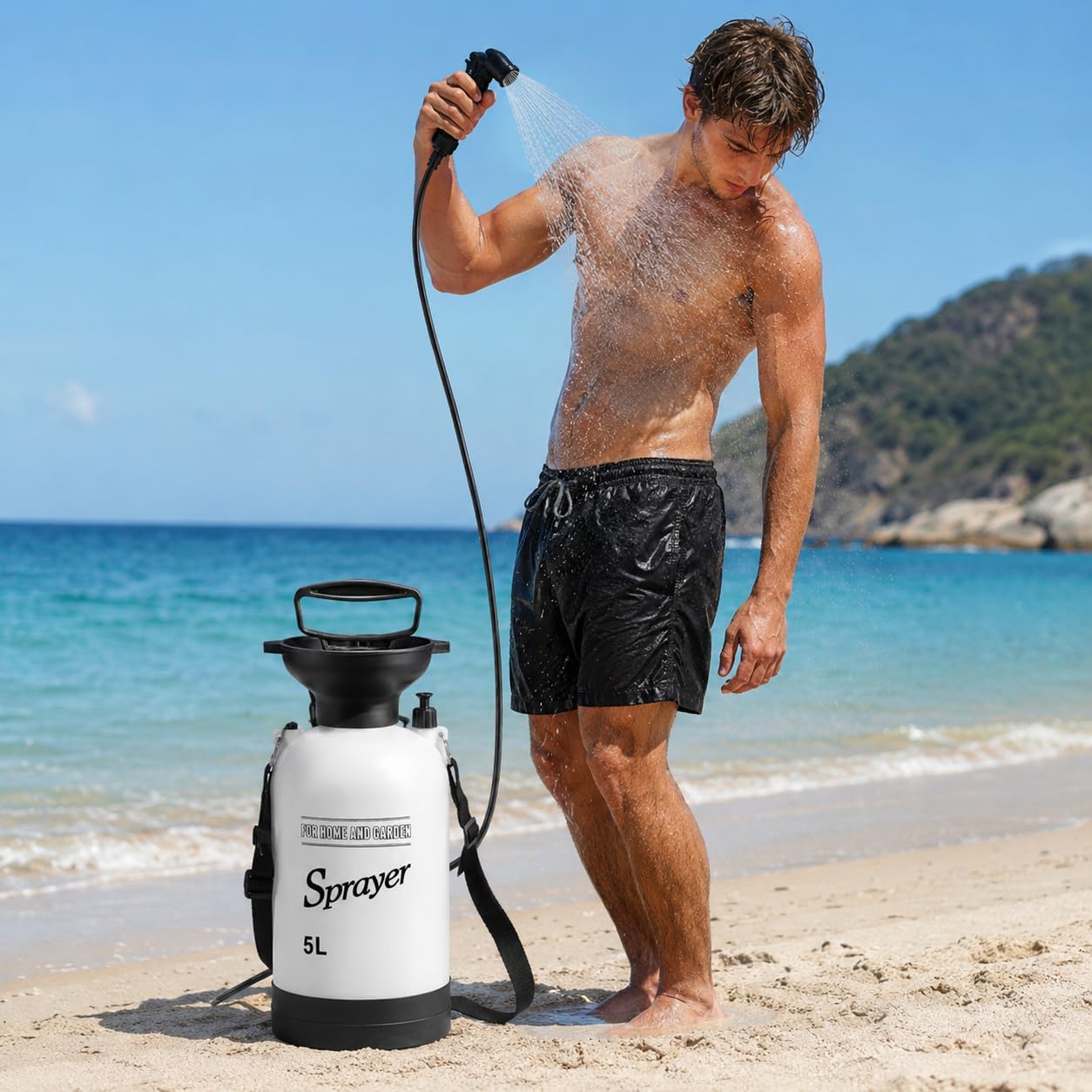 Portable Camping Shower, 5L Manual Pump Outdoor Shower Sprayer with Hose, 10-Pattern Nozzle and Shoulder Strap for Beach Rinse, Surfing, Camping, Pet Wash and Garden Use