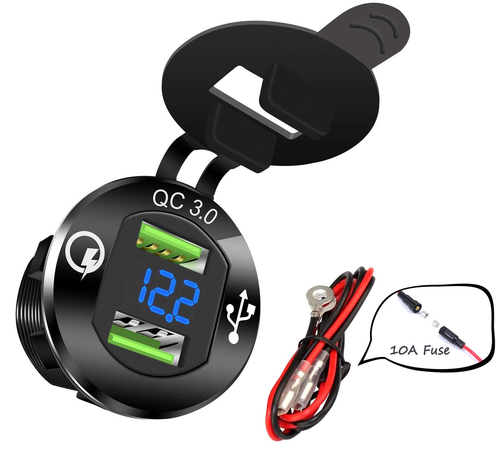 DAIERTEKQuick Charge 3.0 USB Charger Socket Car Aluminum Waterproof Dual Power Outlet Fast Charger with Blue LED Voltmeter & Wire 10A Fuse for 12VDC/24VDC Automotive Boat Marine ATV Truck