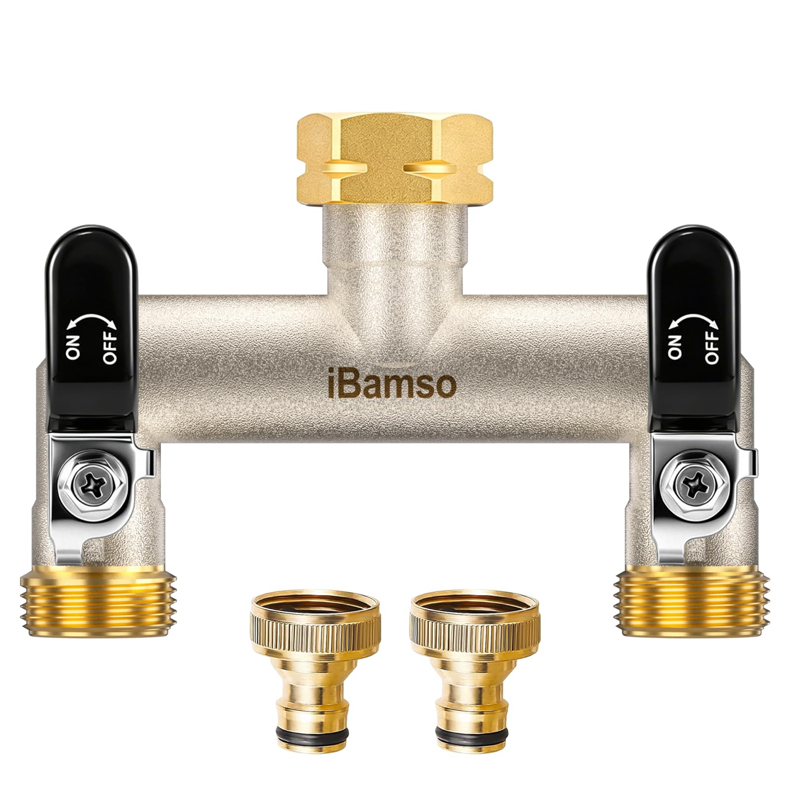 iBamso 2 Way Brass Garden Hose Splitter, 3/4 Inch Tap Connector