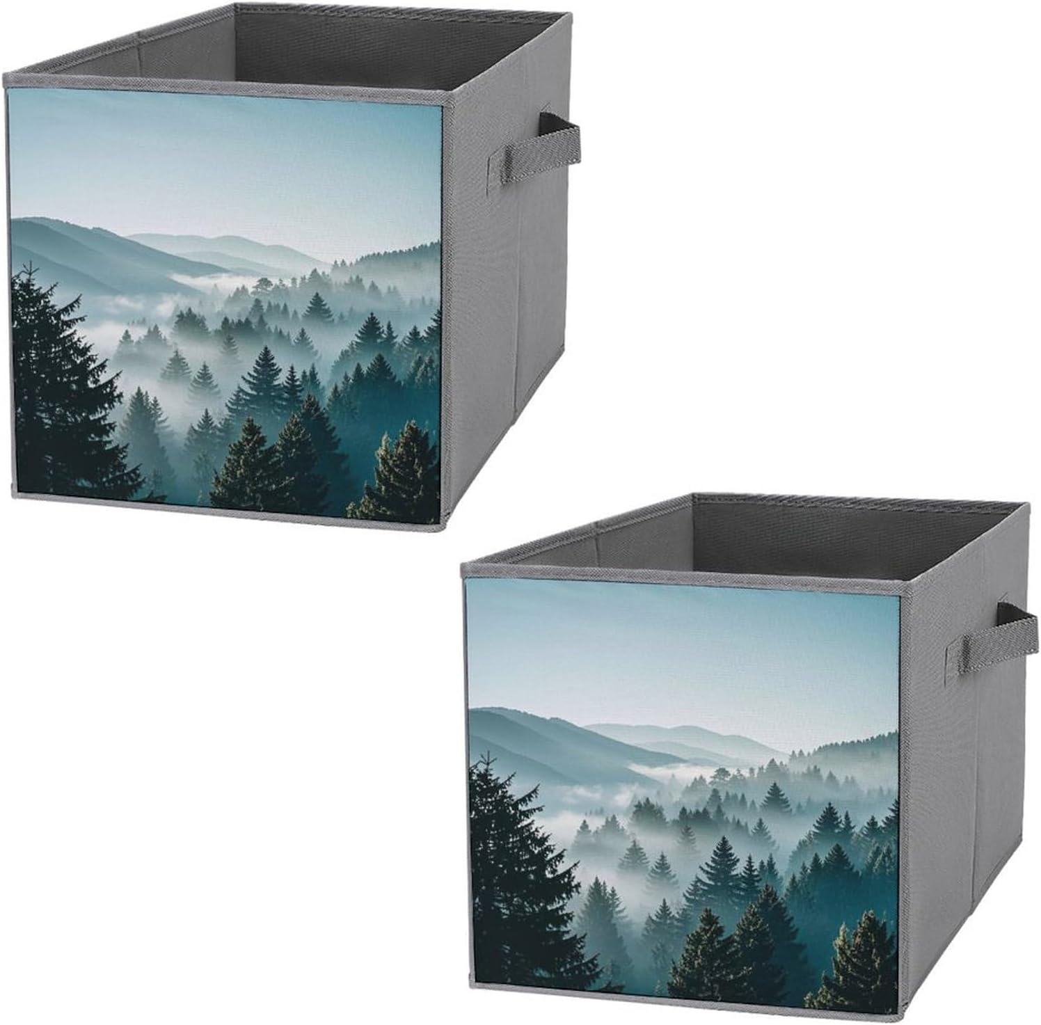 Blue Green Tree Landscape Foldable Storage Box with Handles, Durable Oxford Storage Cubes, 2PCS Collapsible Closet Organizer for Home, Shelf, Office, Travel
