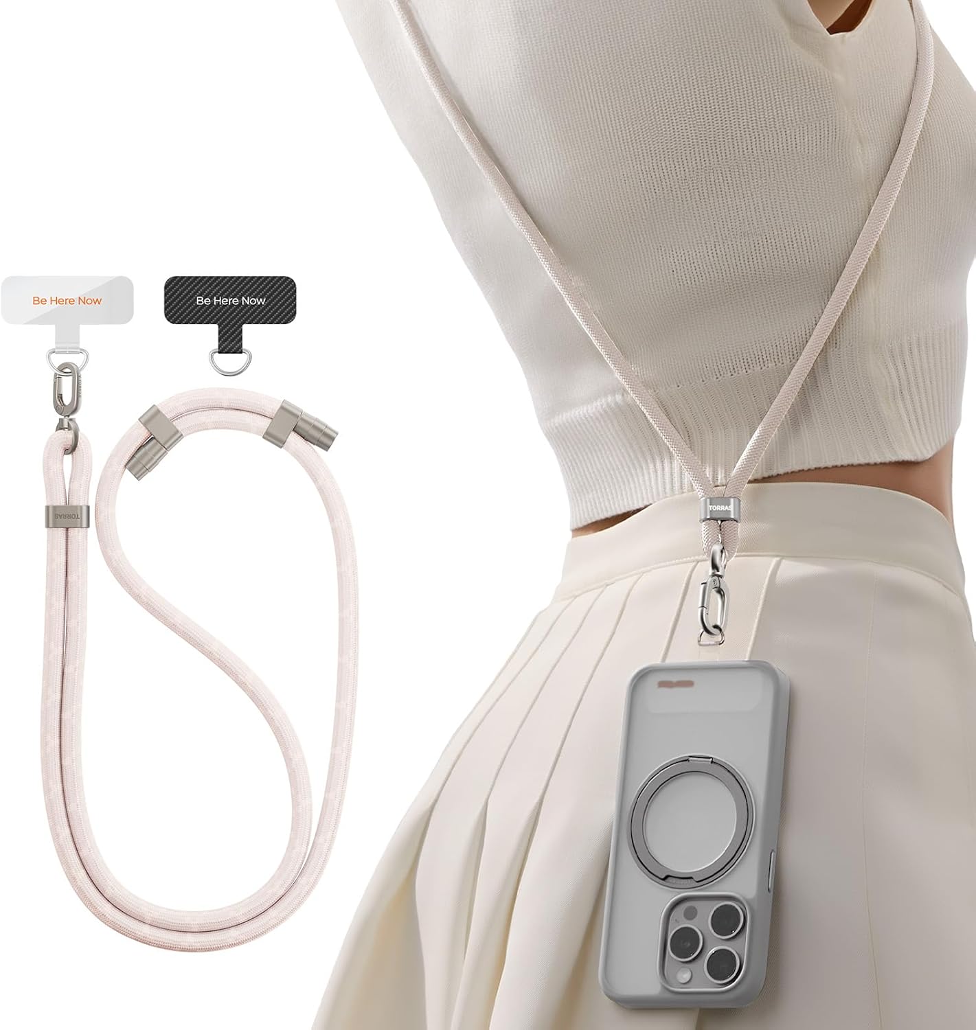 TORRAS Phone Lanyard Crossbody with 2 Phone Tabs, Adjustable Anti Theft Strap for All Cellphone, Premium Metal Buckles, Skin-Friendly, Universal Cellphone Neck lanyard for Travel Essentials, Beige