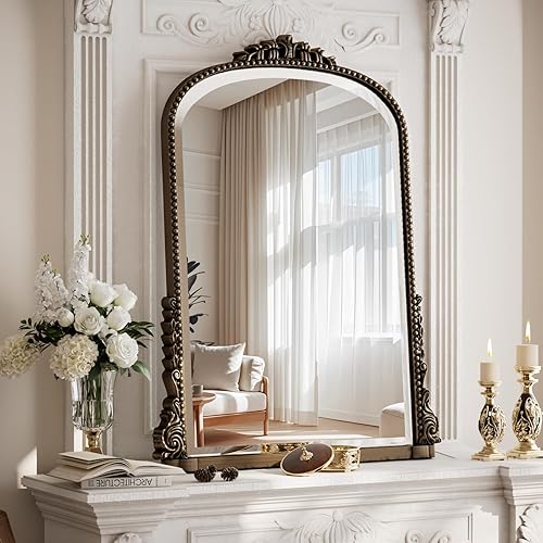 Espejo de pared arqueado con cuentas de 32 x 24 pulgadas, espejo vintage de tocador de baño sobre fregadero para entrada, dormitorio, sala de estar,