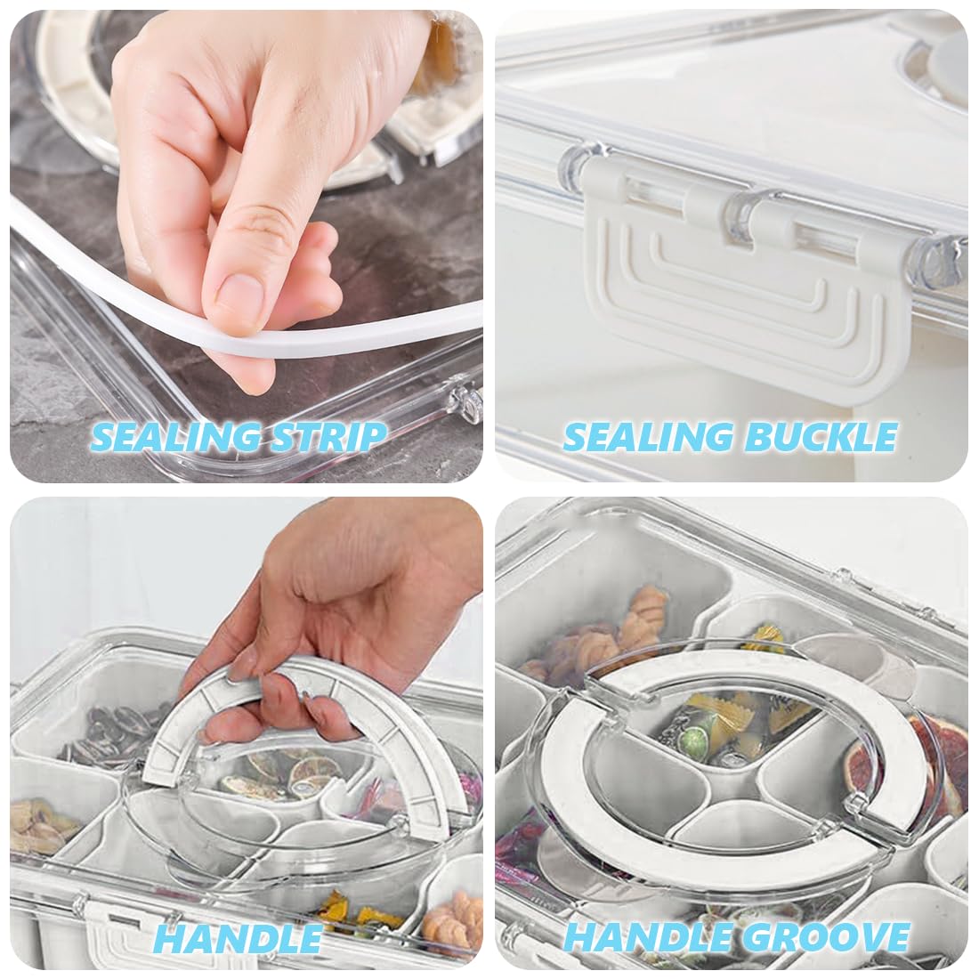 2 scatole per snack con coperchio e manico, vassoio riutilizzabile con 8 scomparti rimovibili, per cucina, feste, picnic, snack per noci, patatine, verdure, spezie, caramelle, frutta e salse