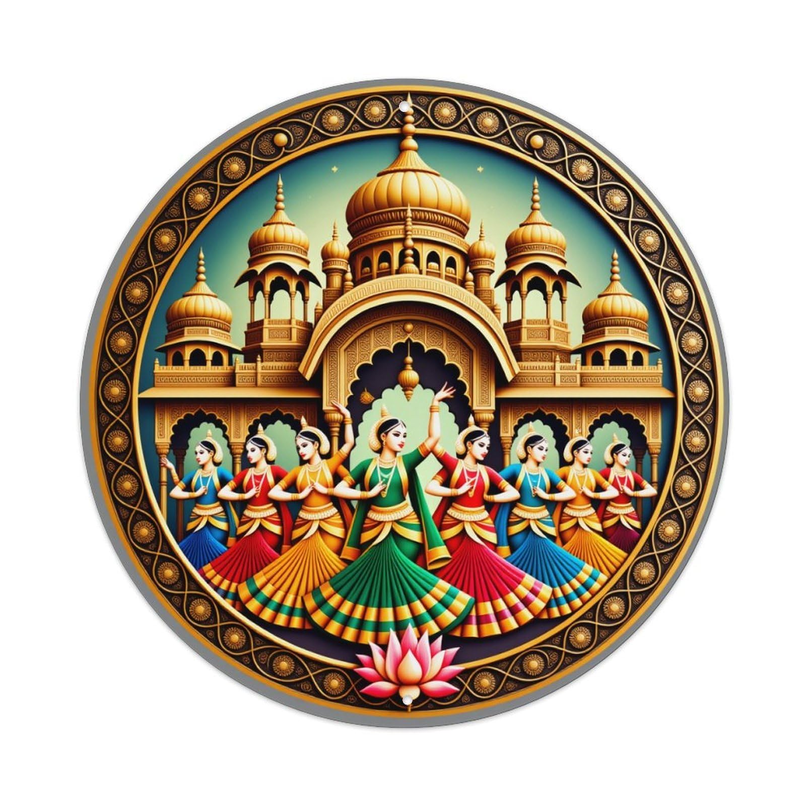 Golden Temple Dancers Lotus Pattern Metal Tin Sign Vintage Garden Bedroom Cafe Bar Man Cave Home Wall Decor Metal Poster 8x8 inches