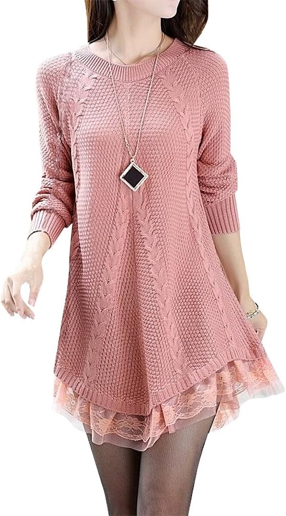 MTRNTY Women's Maternity Stylish Knitted Sweater Lace Decoration S26, Pink