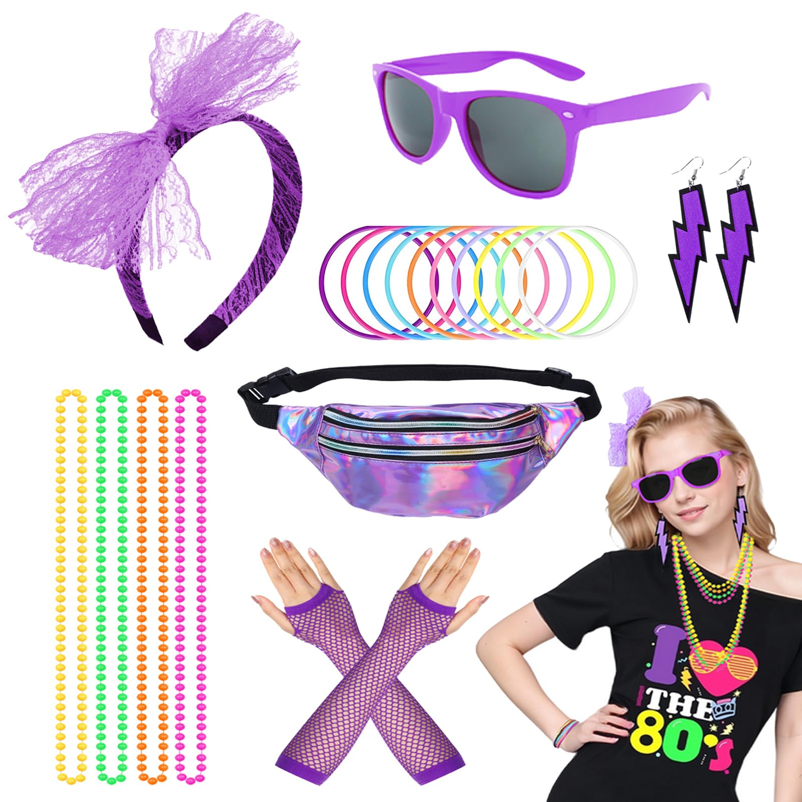 Aleshime 80s Costume Accessories for Women Girls, 1980s Party Costume Accessories Bumbag Earrings Fishnet Gloves Necklace Glasses Bracelet Headband, Retro Outfit for 80s Party/Dress up Day(Purple)
