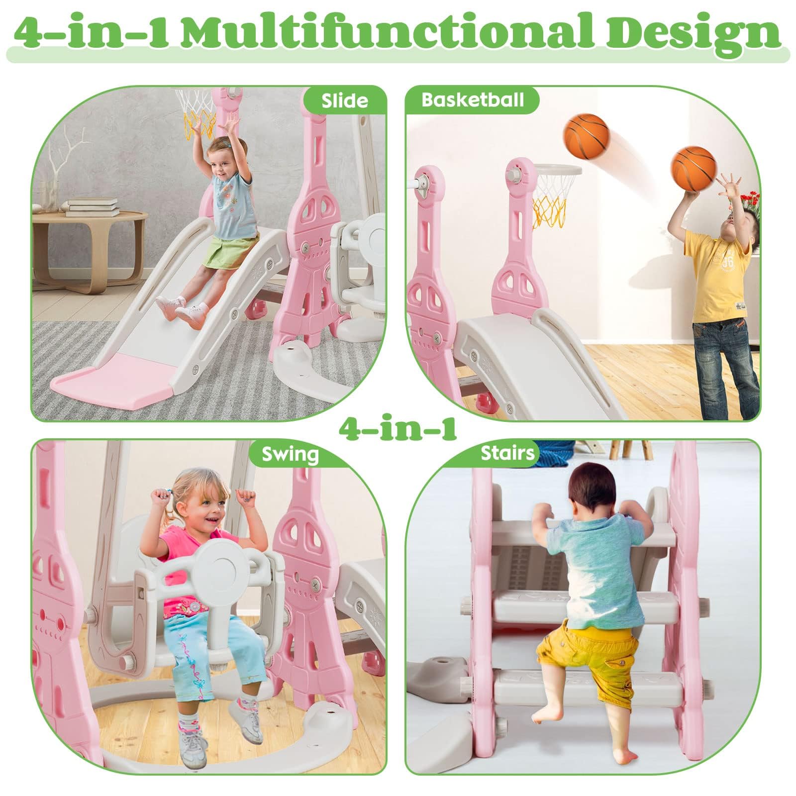 Tobogán interior a partir de 1 2 3 4 5 años, parque infantil 4 en 1 con columpio, tobogán para bebé, habitación infantil, tobogán de jardín para niños pequeños para interiores y exteriores, niños y