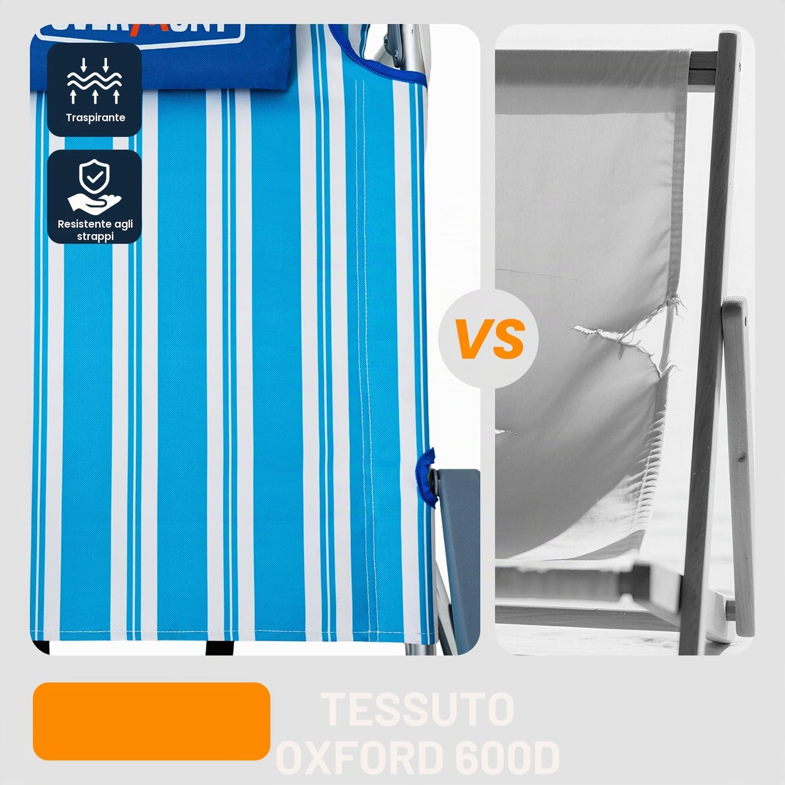 OVERMONT Sedia da Spiaggia Pieghevole Reclinabile - 6 Posizioni Reclinabili Piatte con Braccioli Ergonomici - Seduta Larga con Supporto Lombare - Portata 150 KG - Portatile per Spiaggia Piscina