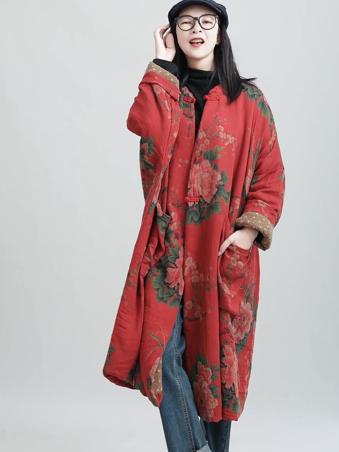 LUZU JUNU Women's Cotton Padded Floral Jacket Kimono Soft Quilted Flower Printed Long Loose Outwear Coats - Image 7