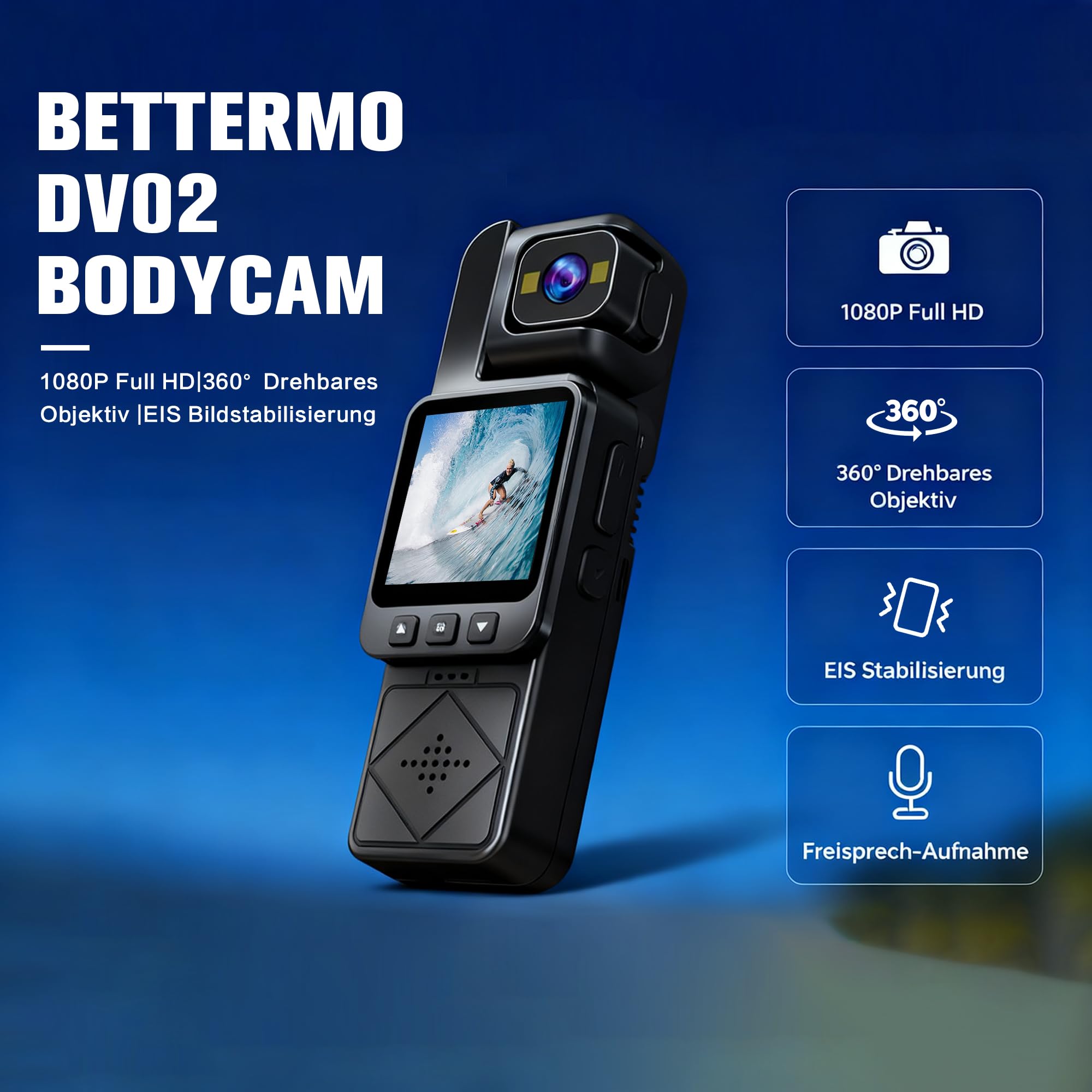 Bodycam Körperkamera 1080P Full HD Mini Actionkamera mit 360° Drehbarer Linse, Bewegungsstabilisierung