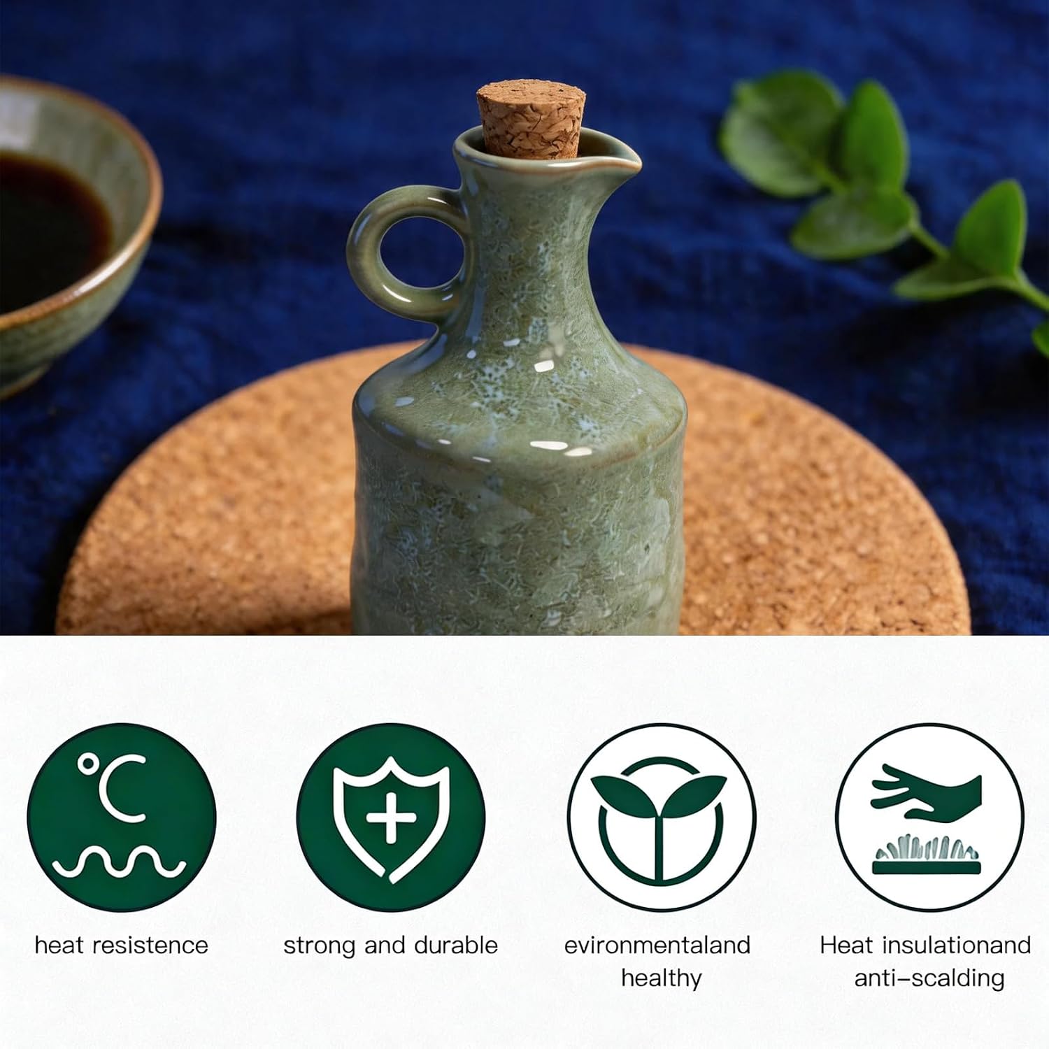 Ceramic Olive Oil Dispenser Bottle,400ML Small Leak Proof Olive Oil Bottle Dispenser for Kitchen Counter, Cooking Salad Dressing（Green reactive glaze）