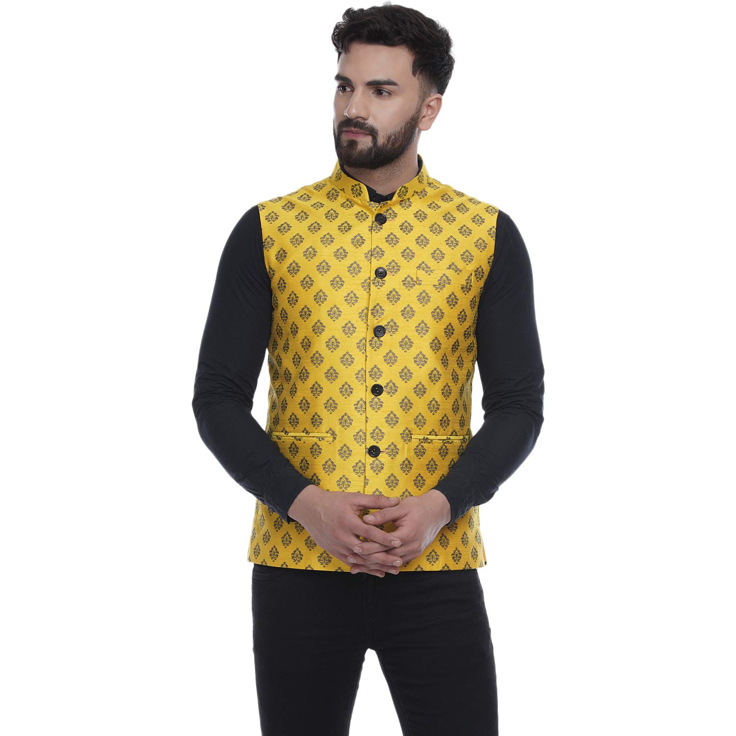 ghanshee Yellow Jacquard Printed Silk Nehru Jacket (yellow)-picture-41