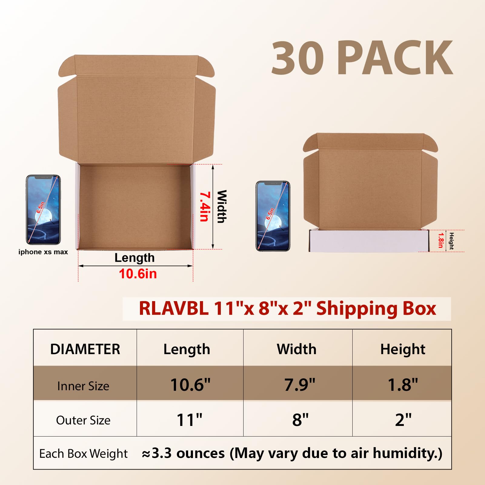 RLAVBL Juego de 30 cajas de envío de 11 x 8 x 2 pulgadas, caja de cartón corrugado blanco para embalaje, correo, pequeñas empresas