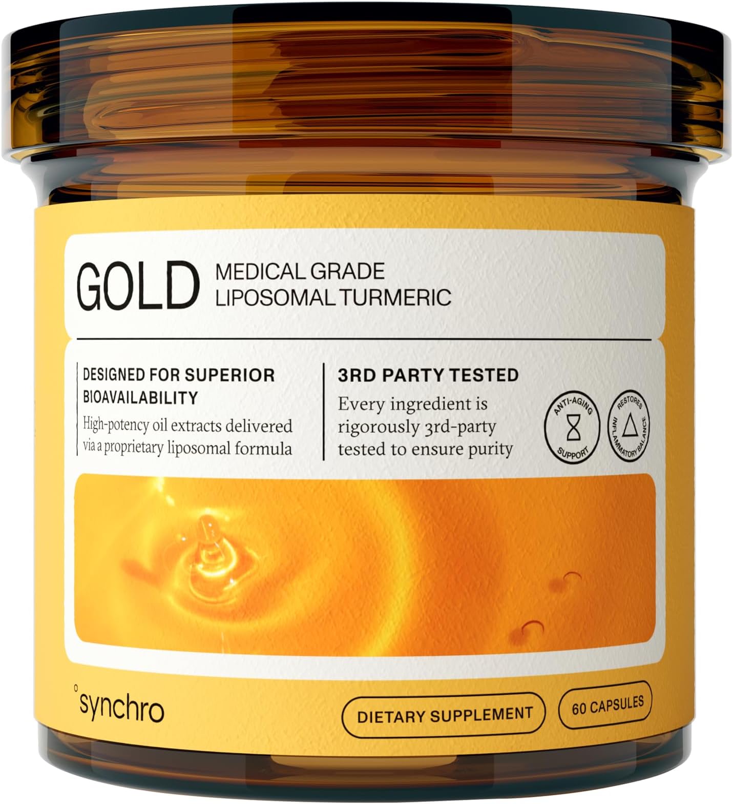 Synchro Gold Medical-Grade Liposomal Turmeric | 60ct Capsules | Whole-Plant Extract, Nano-Encapsulation Delivery | Curcumin Black Pepper Piperine Supplement