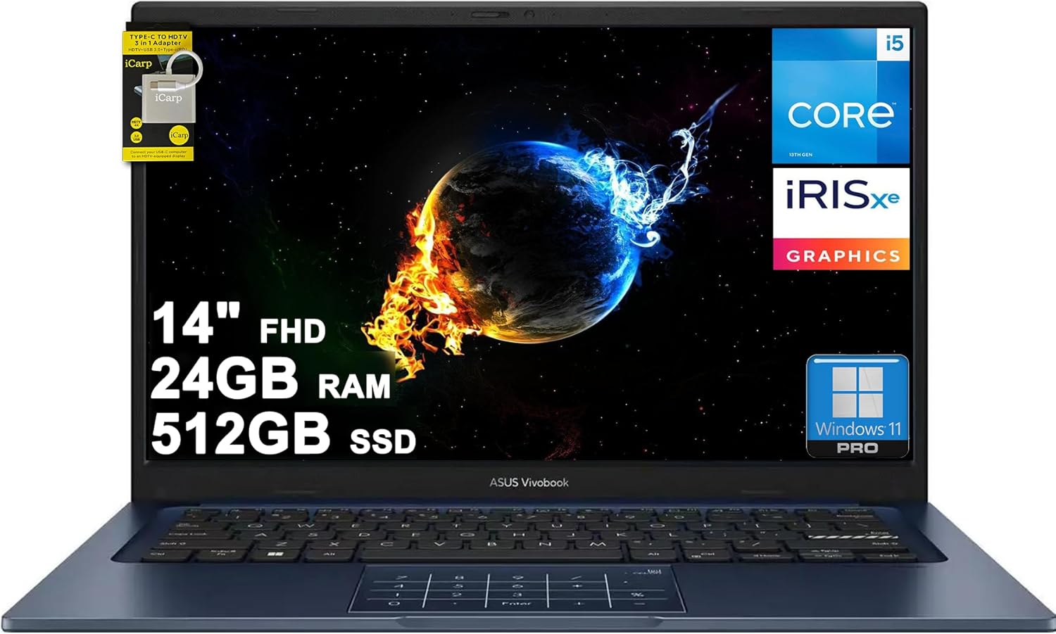 ASUS VivoBook 14 Business Laptop 14" FHD Anti-Glare Intel 10-core i5-1334U 24GB DDR4 512GB SSD Type-C Privacy Camera SonicMaster Long-Lasting Battery Fast Charging Win11Pro ICP Hub