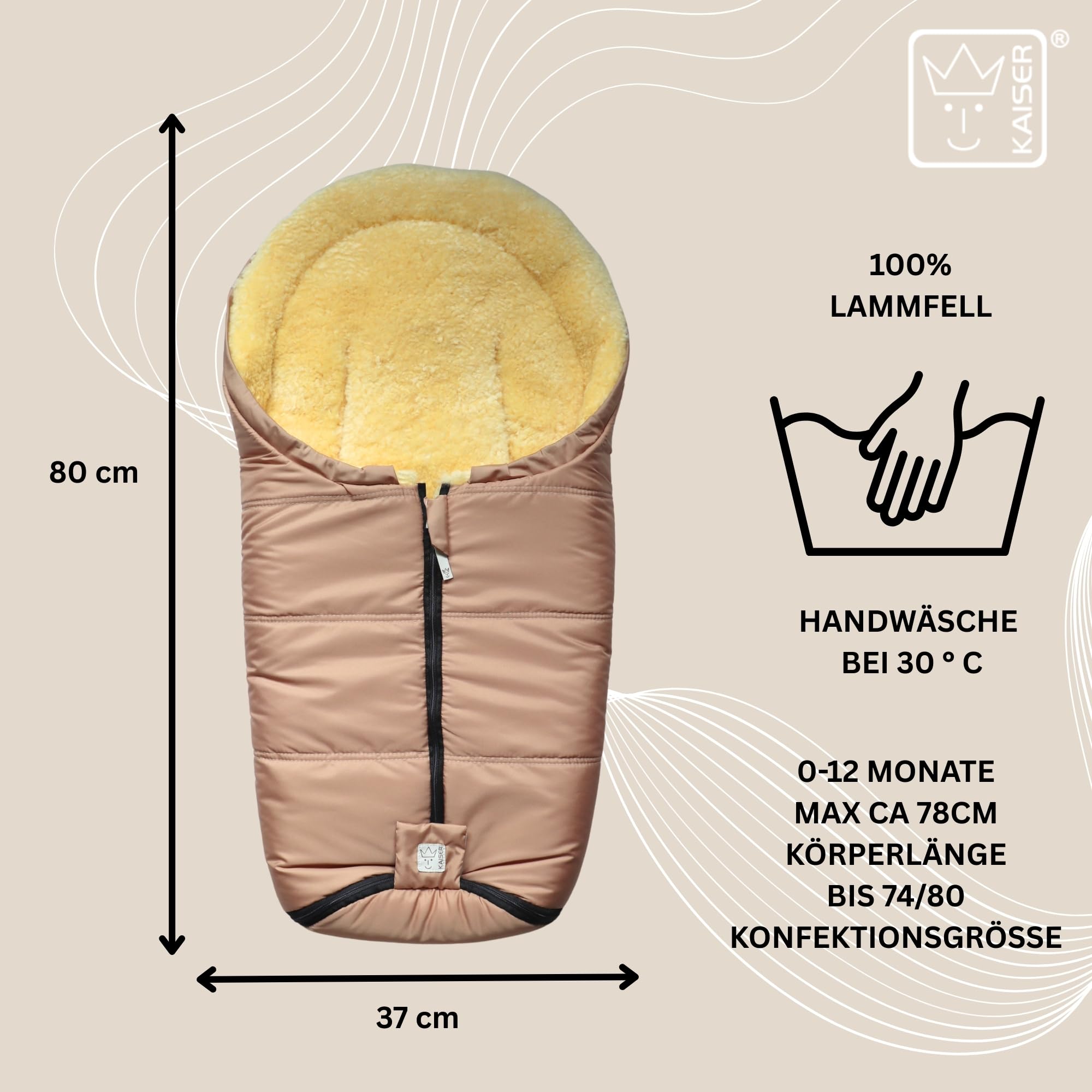Naadja Lammfell Babyschalen Fußsack, 80 x 37 cm, Mumienform, für Babyschale und Babywanne (sand)