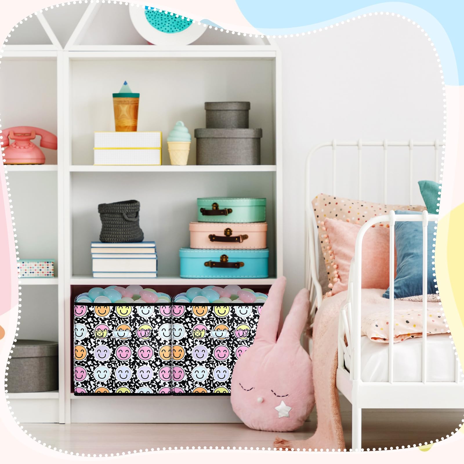 Wonderjune Faltbare Aufbewahrungswürfel, 27,9 cm, stabil, zusammenklappbar, mit Griff, Stoff-Organizer, Schublade, Faltkorb für Spielzimmer, Waschküche, Schrank (süßes Lächeln), 6 Stück