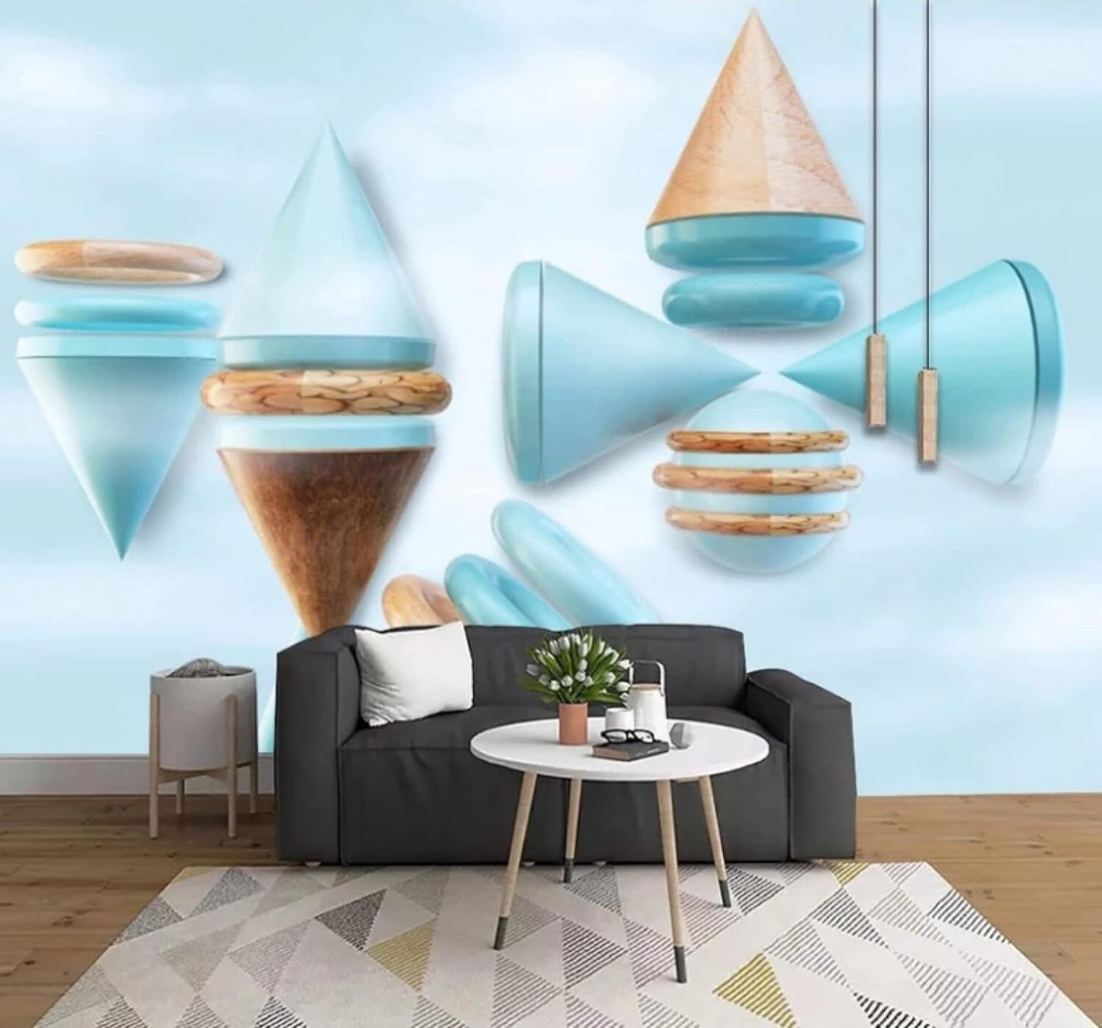XLMING Three Dimensional Geometric Triangle Light Blue Conical 3D Wallpaper Luxury Silk Study Dining Feature Sofa Grey Bedroom Living Room Tv Decorative Wall-350cm×256cm