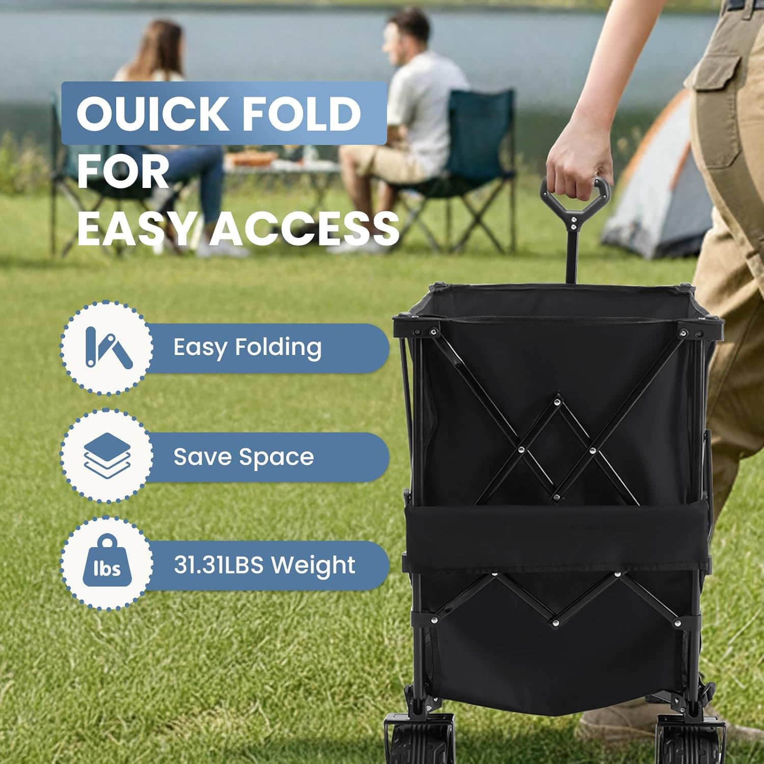 NEWBULIG Large Capacity Folding Double Decker Wagon with Brakes, 440lbs Wagons Carts Foldable Wagon Cart with Flexible Handle, All-Terrain Big Wheels for Grocery Sports Garden Camping