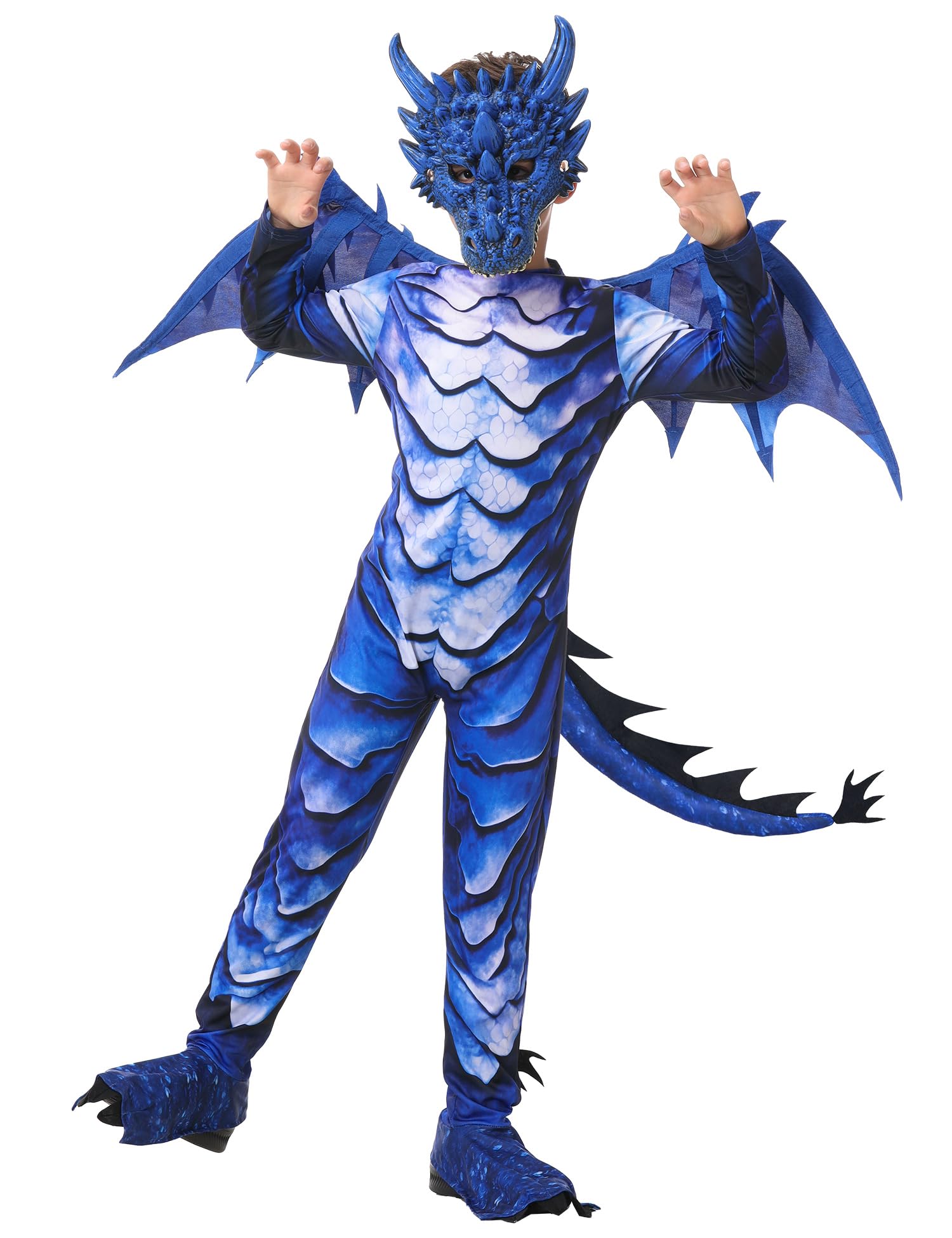 Disfraz de dragón para niños, disfraz de dragón con cola de alas y máscara para niños y niñas, Halloween, carnaval, dragón azul, para niños 4, 5, 6, 7, 8, 9, 10, 11, 12 años