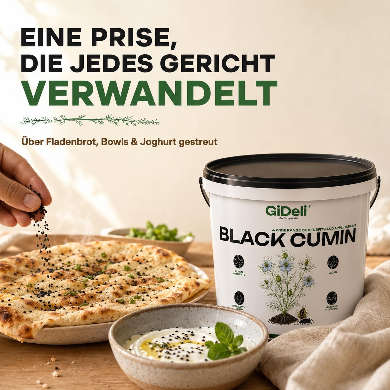 GiDeli Semi di Cumino Nero 10kg - Vera Nigella Sativa Intera dalla - Aroma Profondo e Terroso, Accuratamente Selezionato - Semi di Nigella Freschi Vegani per Pane, Insalate, Yogurt e Tisana