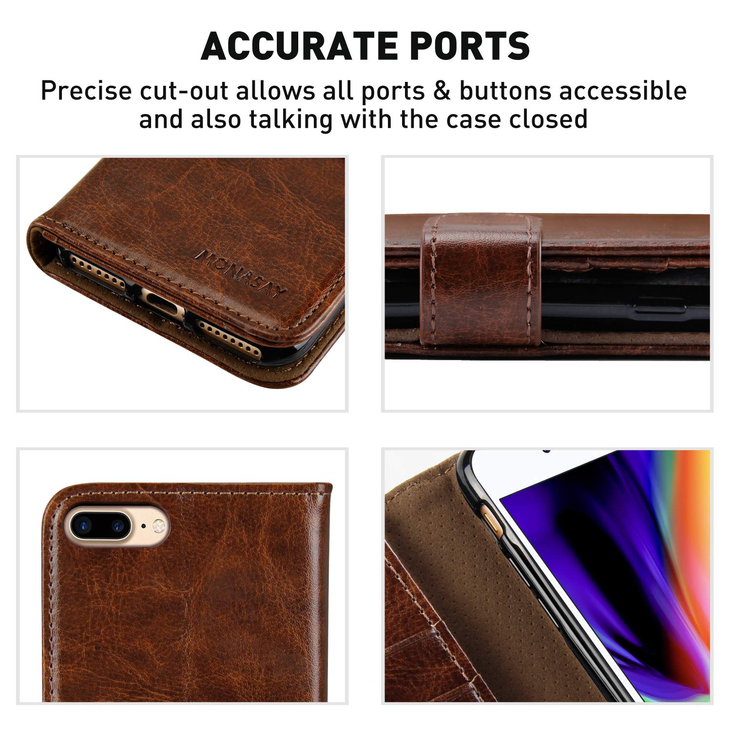 Custodia A Portafoglio Con Vetro Temperato Per IPhone 7 Plus/8 Plus – Pelle Sintetica, 8 Slot Carte, Cerniera E Cinturino