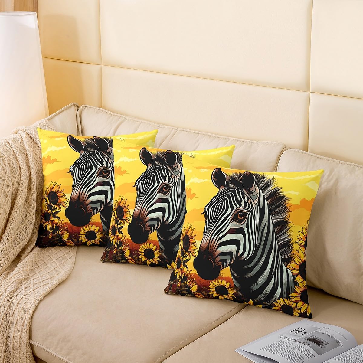 Erosebridal 3D Zebra Set of 2 Cushion Covers 22x22 Inch,Yellow Sunflower Throw Pillow Covers,Black White Horse Pillow Covers,African Safari Animal Decorative Square Pillow Cases for Sofa Couch
