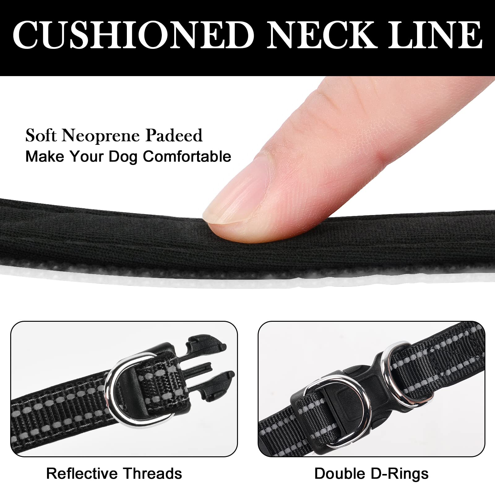 AUAUY Collare Cane, Collare per Cani in Nylon Riflettente, Regolabile Collari, Anello Doppia D, Fibbia Staccabile, Morbido e Imbottito, per Cani di Taglia Piccola, Media e Grande (Nero-L)