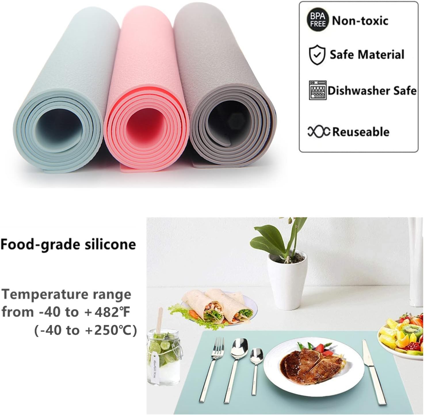 IYYI Silicone Placemats, Dining Placemats Set of 4, Waterproof Placemats for Kids, Non-Slip Silicone Mats for Dinner Table, Heat Resistant & Dishwasher Safe (Light Blue, 17.6" ×12.5")