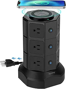 Power Strip Tower with 15W Magnetic Wireless Charger, SUPERDANNY 1050J Surge Protector Tower 13A Charging Station with 12 AC Outlets & 6 USB Ports, 6.5ft Extension Cord for Home Office, Black