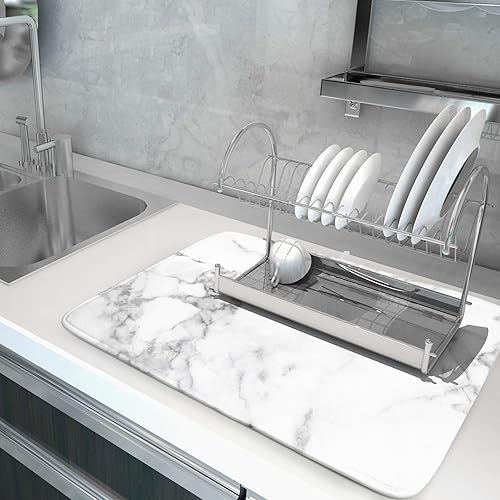 Miniatura 5 de Tapete de secado de platos para encimera de cocina de 18 x 24 pulgadas, tapete de secado de platos de mármol gris y blanco, tapete de microfibra con