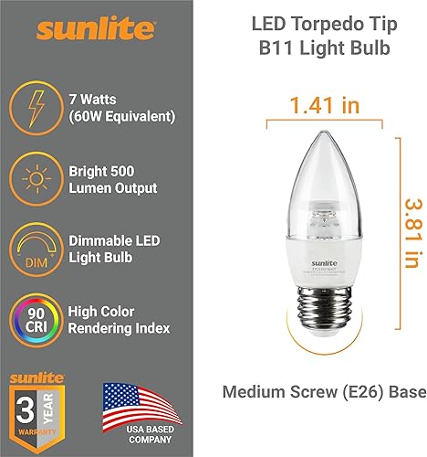 Miniatura 2 de Sunlite 41777 Bombilla LED B13 decorativa para araña, 7 vatios (60 W  ), 500 lúmenes, 120 voltios, regulable, base E26, Energy Star, 90 CRI,