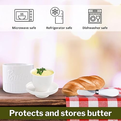 Miniatura 3 de DDN GLOBAL - Mantequillera con tapa, platos de mantequilla de cerámica, plato grande de mantequilla con tapa y cuchillo, juego de 3 piezas, mantiene