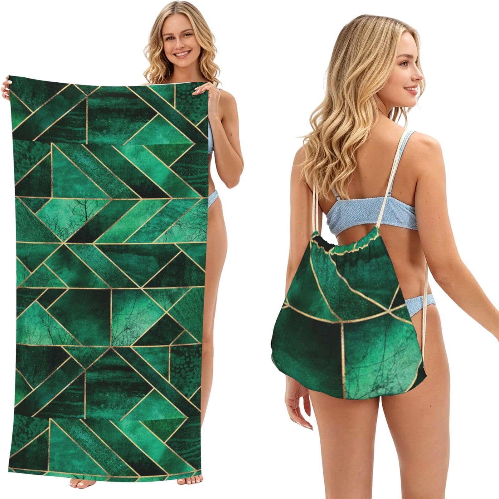 Poadnly As Picture Abstract Nature - Emerald Green, 2 In 1 Packable Towel Bag, Beach Towels With Drawstring Backpack For Travel Holiday Camping