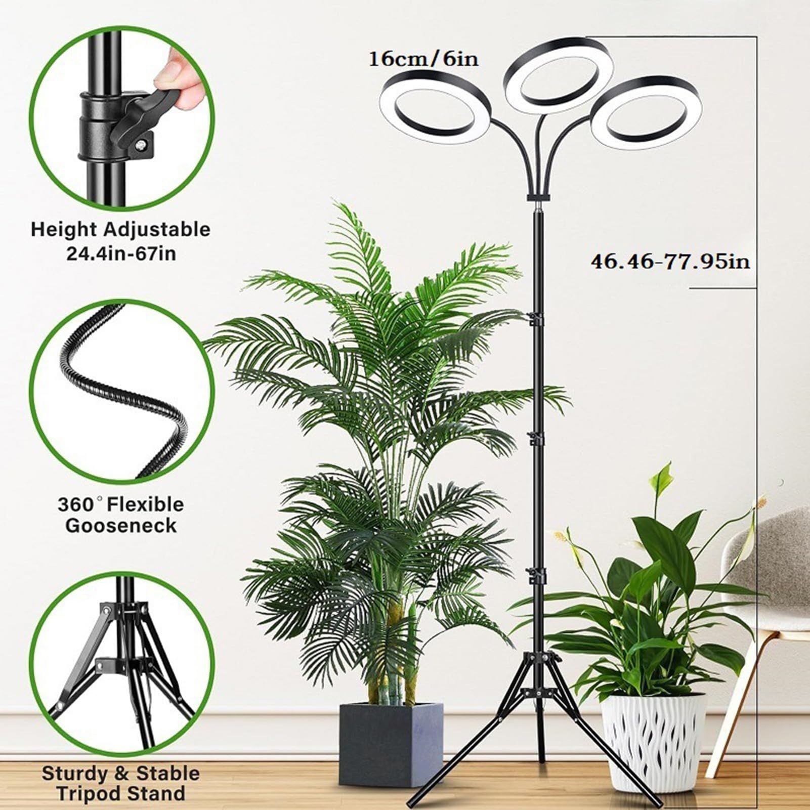Zerodis Luces de Cultivo para Plantas de Interior, Luz de Espectro Completo para Plantas con Cuello de Cisne Ajustable 360, 6 Niveles de Brillo para (Enchufe de la UE 3 cabezales 28W Utilice