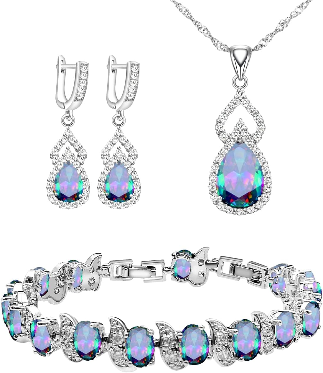 Women Jewelry Set Platinum Plated Necklace Open Ring Earrings Bracelet Set,Birthday/Anniversary Mother’s Day Jewelry Gifts for Mom/Wife/Sister/Best Friend