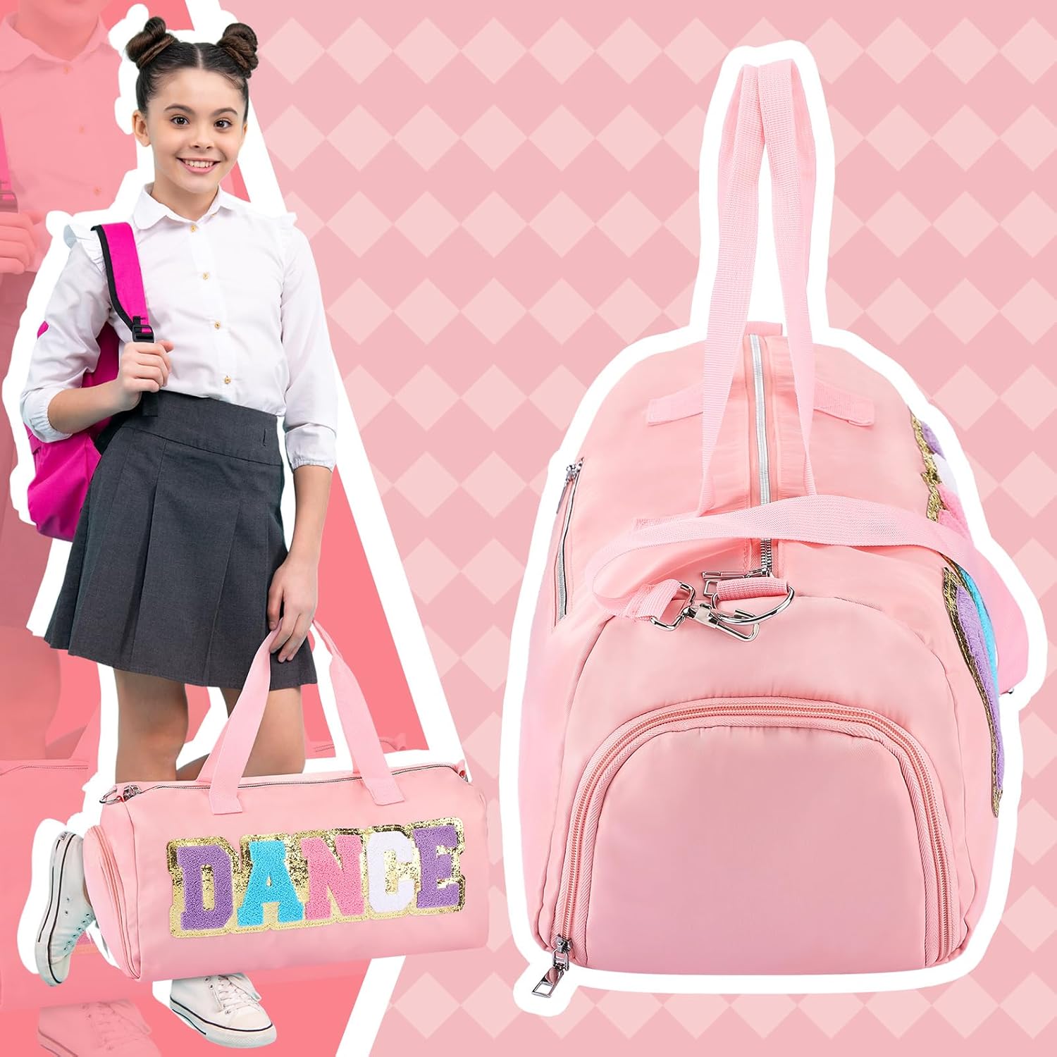 Dance Duffle Bag for women Bag with Adjustable Carry Strap and Handy Pouch Dance Backpack for Dancers(Pink)