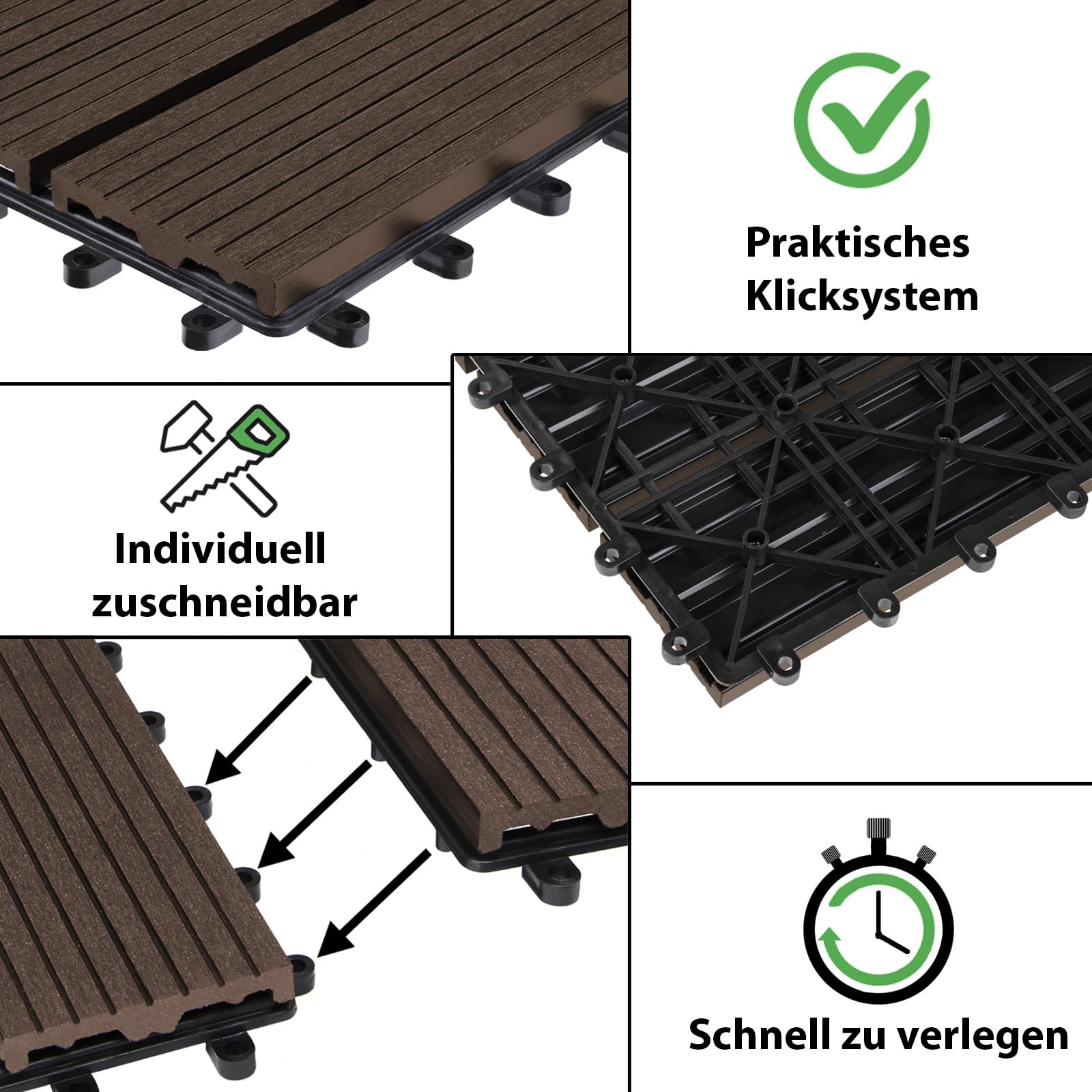 Montafox Piastrelle WPC 30x30 cm 11 Pezzi / 1 m² o 22 Pezzi / 2 m² a Incastro Effetto Legno Pavimento per Terrazza e Balcone, Dimensione:2 m² | 22 Piastrelle, Colore:Marrone Scuro