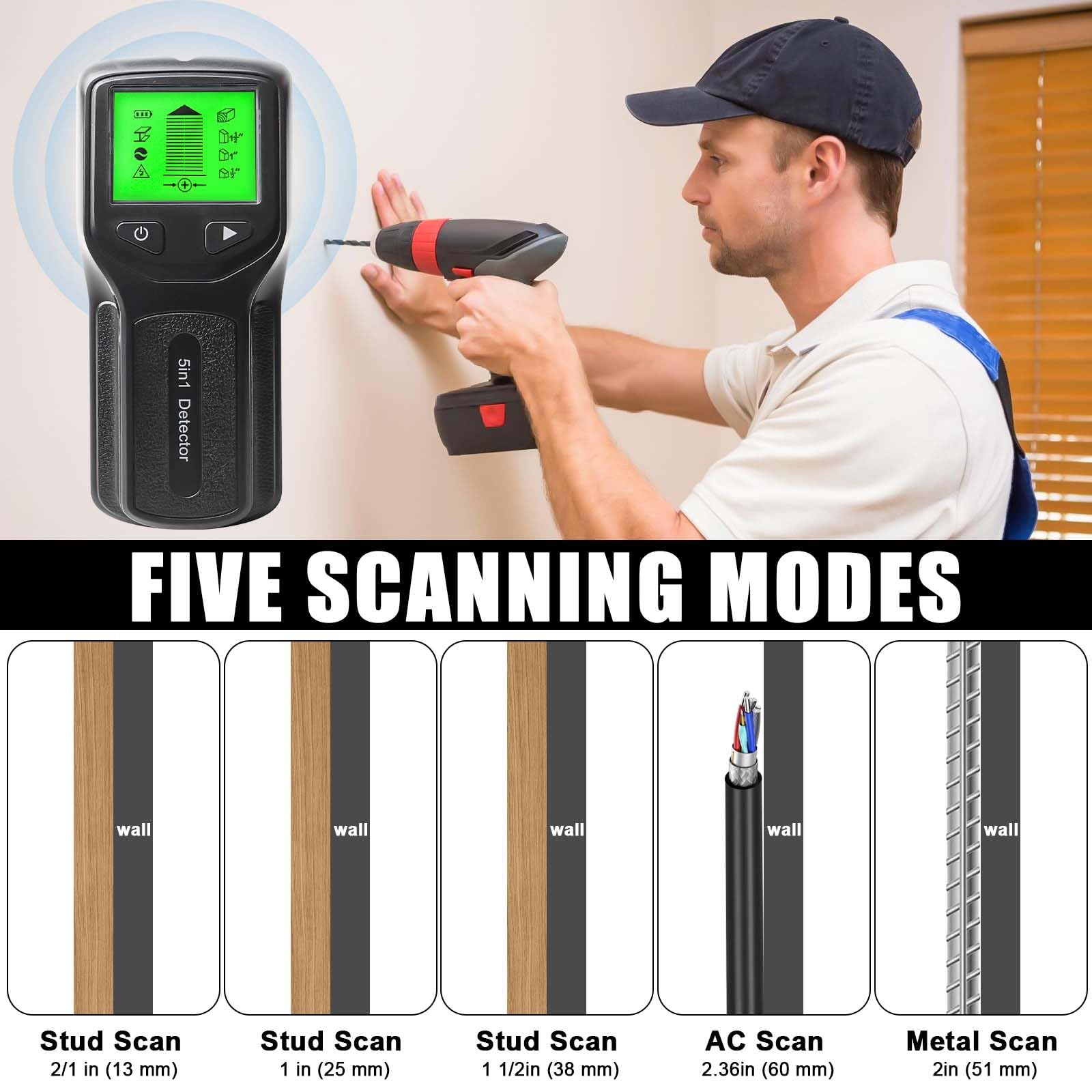 Kabelzoeker Wandscanner Detector Met LCD-display En Alarm Metaaldetector Ac Stroomleiding Stud Vinder Multifunctioneel Geschikt Voor Het Vinden Van Stroomleidingen Houten Ondergrond 5 In 1 Functionaliteit