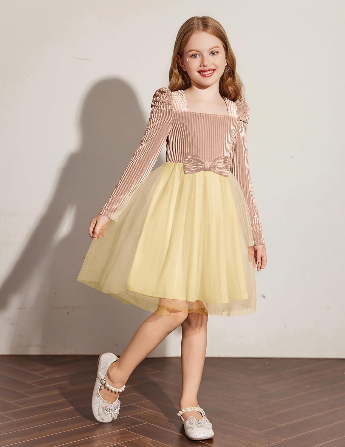 Arshiner Toddler Girls Velvet Dresses Square Neck Fall Winter Long Sleeves Dress for Holiday Party 3-8Y - Image 4