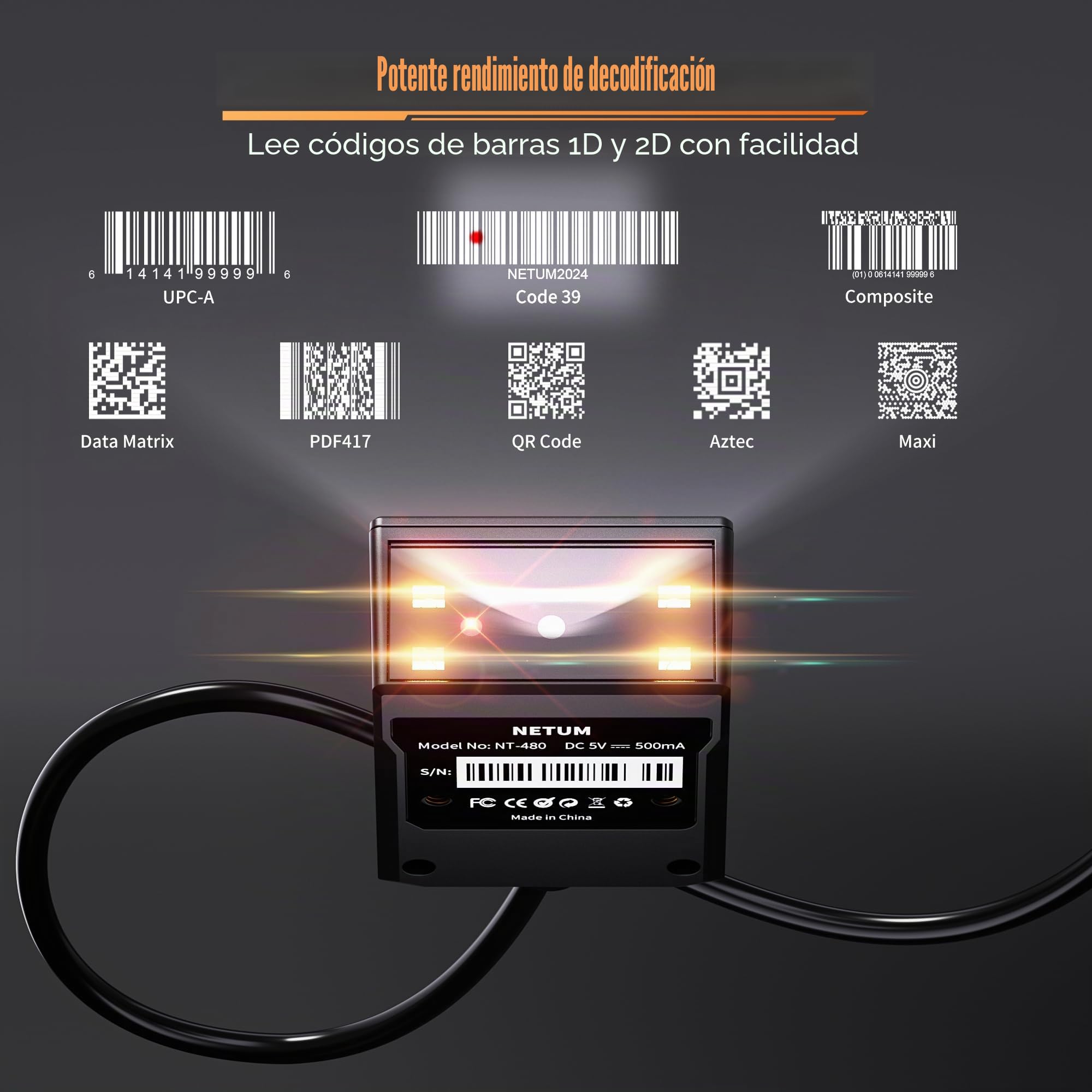 NETUM NT-480(RS232) Lector de código de barras integrado, escáner 2D de montaje fijo para códigos QR y 1D, módulo de escaneo omnidireccional manos libres para automatización industrial, quiosco, OEM y