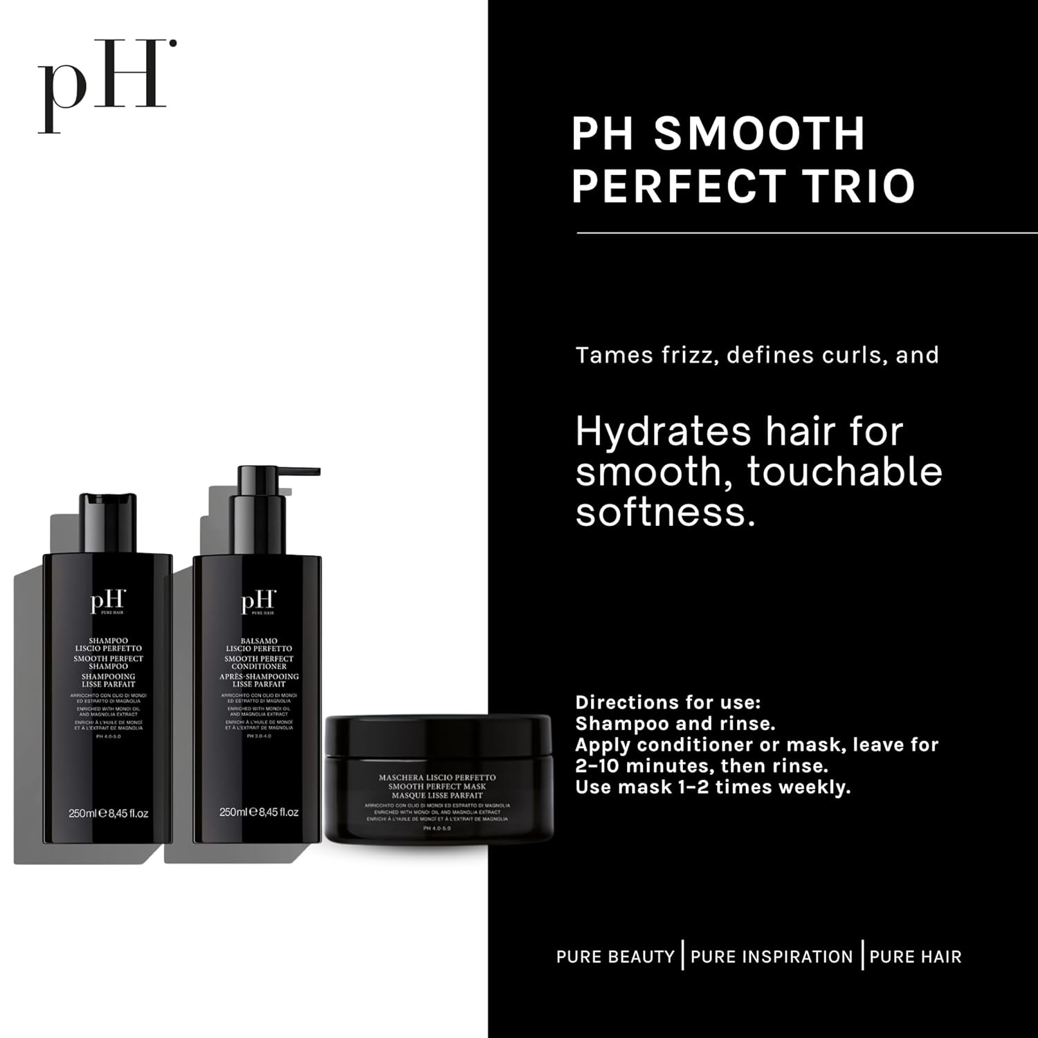 pH PURE HAIR Smoothing Set - Sulfate & Paraben-Free Shampoo, Conditioner & Hair Mask with Monoi Oil - Hydrating, Anti-Frizz, Smoothing for Curly & Wavy Hair - Hair Types, (8.45+8.45+6.76 Fl Oz)