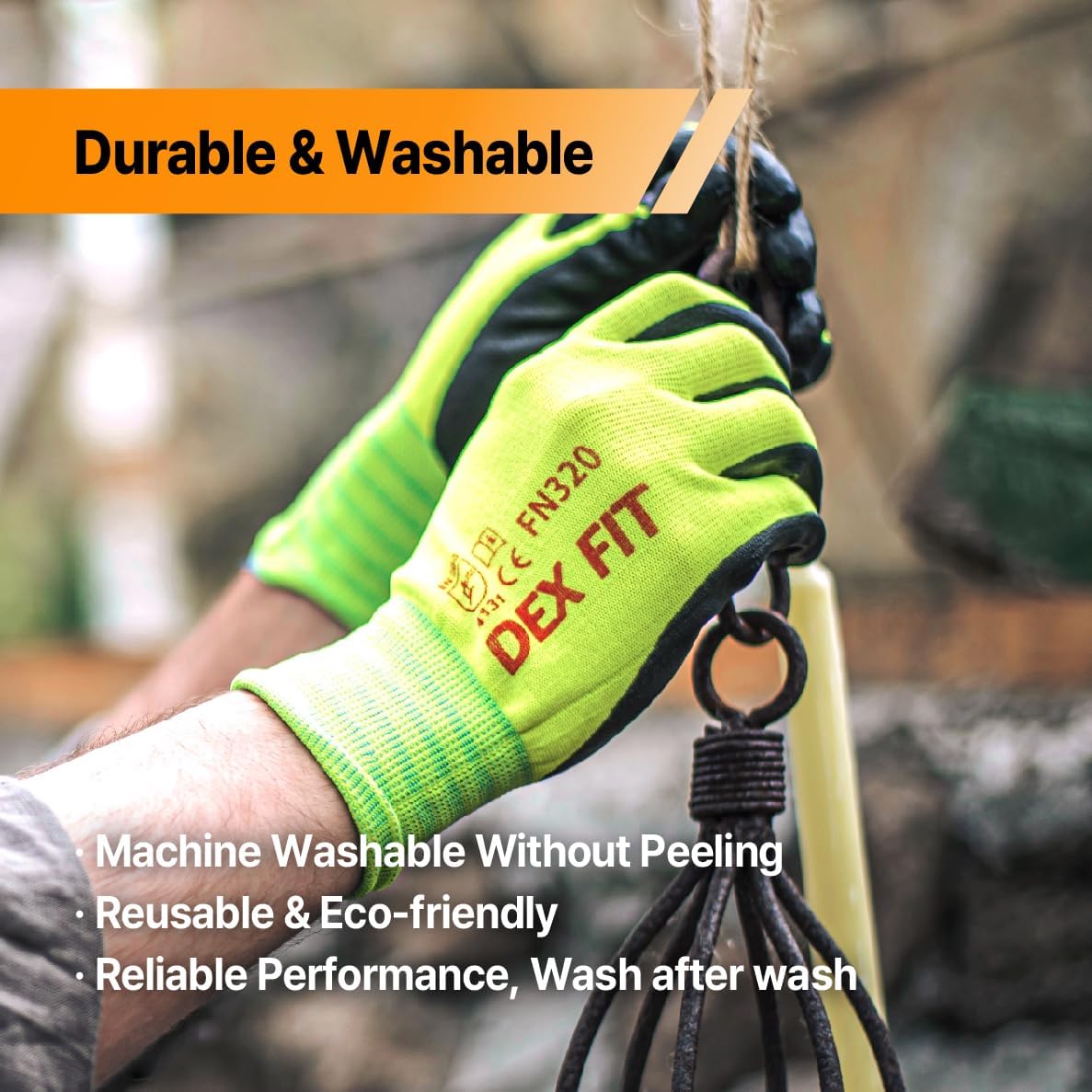 DEX FIT Nylon Work Gloves FN320, 3D Comfort Fit, Power Grip, Lightweight & Breathable, Touchscreen, Gardening, Yard Work, Warehouse, Delivery Driver Gloves; Black 9 (L) - Image 6