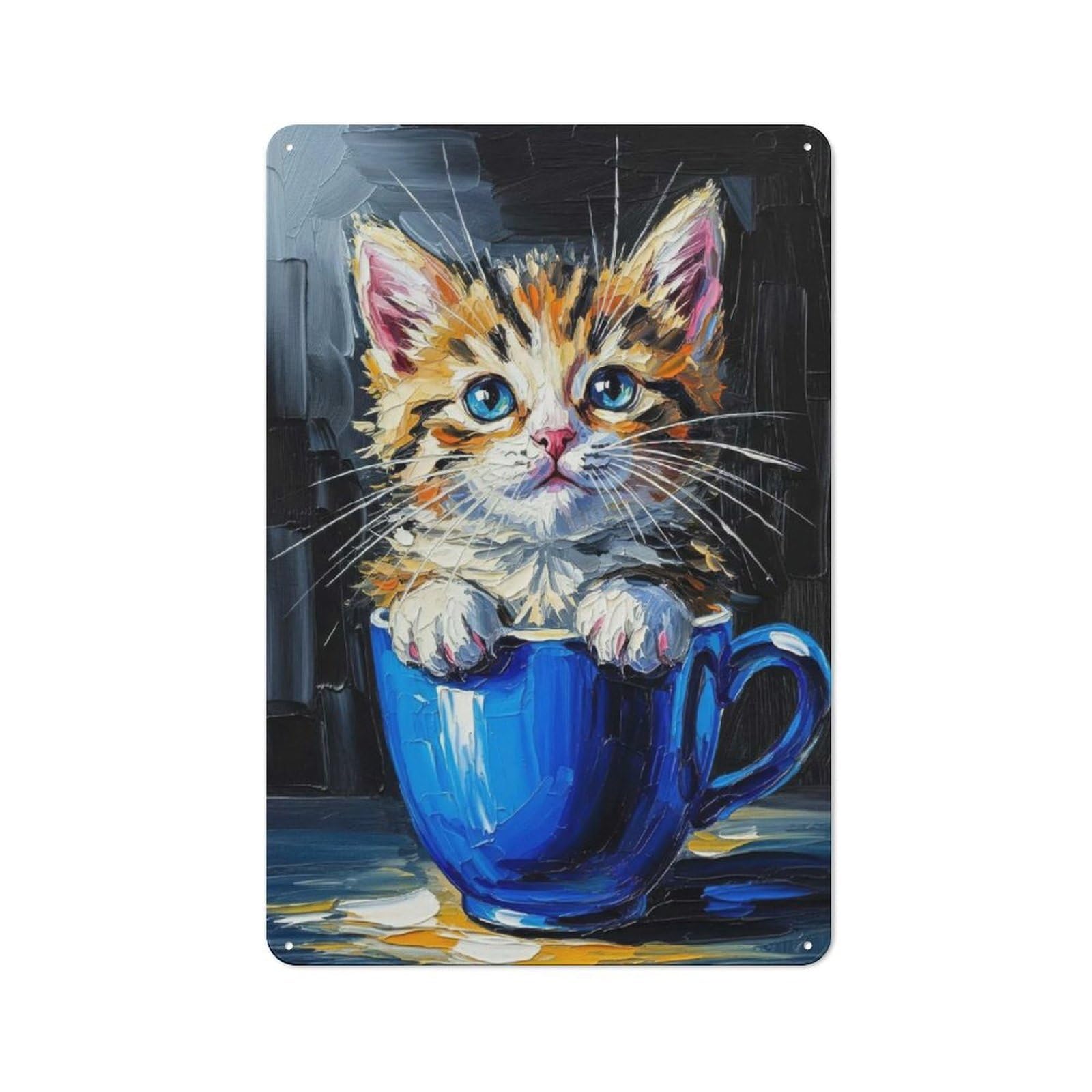 Junmoney Style Tin Wall Plaque 30X20cm With Kitten In A Cup Painting For Hobby Room Or Studio, For Themed Interiors In Hobby Rooms And Studios