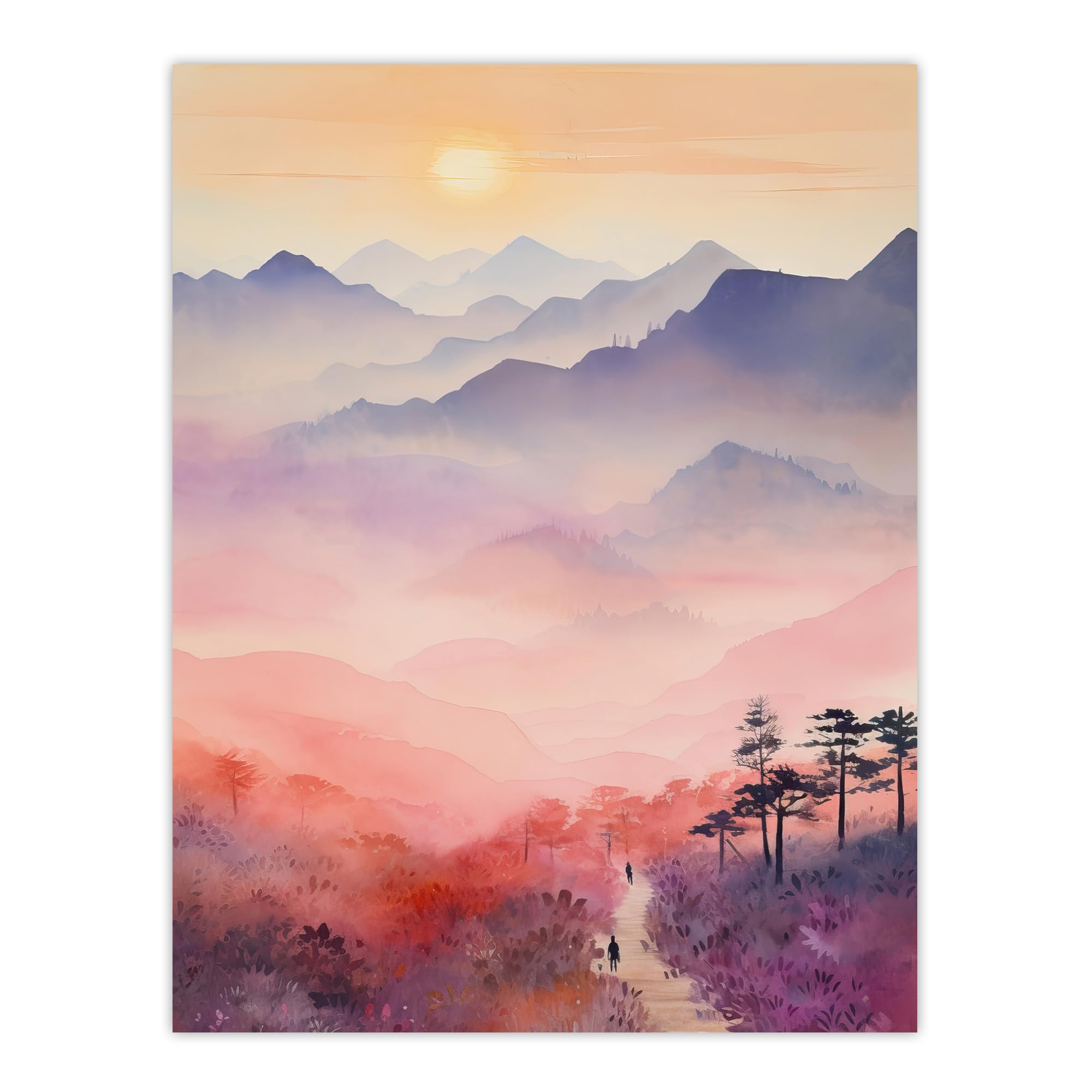 Artery8 Watercolour Mountain Landscape Poster Print W24 inch x H32 inch