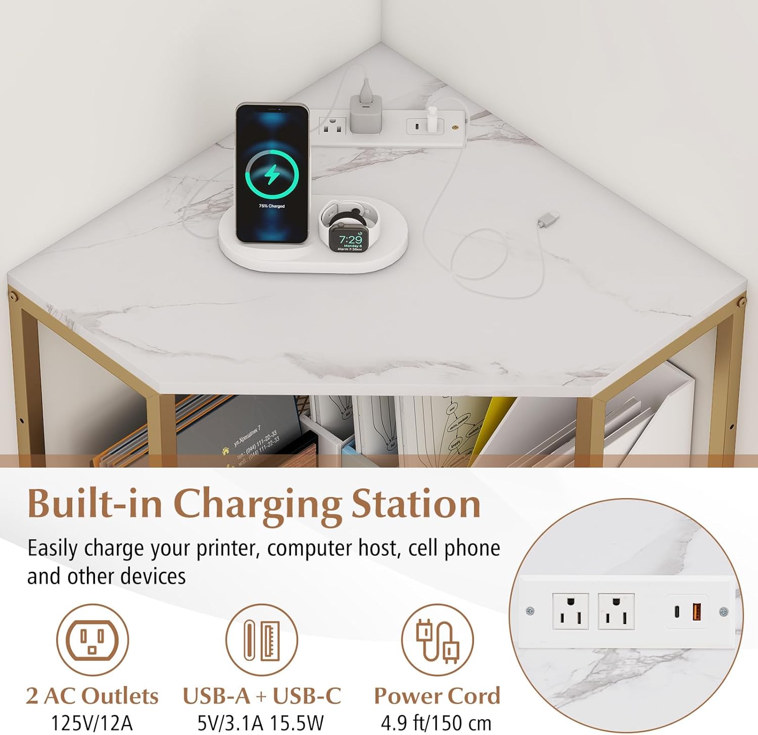 GOFLAME Corner Printer Stand with Charging Station, Freestanding 3-Tier Printer Table with Adjustable Metal Mesh Shelf, Storage Rack Organizer for Home Office Living Room (White)