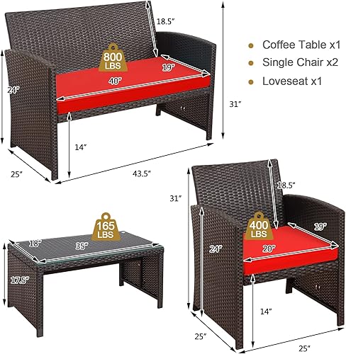 Miniatura 8 de HAPPYGRILL Juego de 4 muebles de mimbre para exteriores con mesa de centro de vidrio templado, cojines suaves, juego de sillas de ratán resistentes