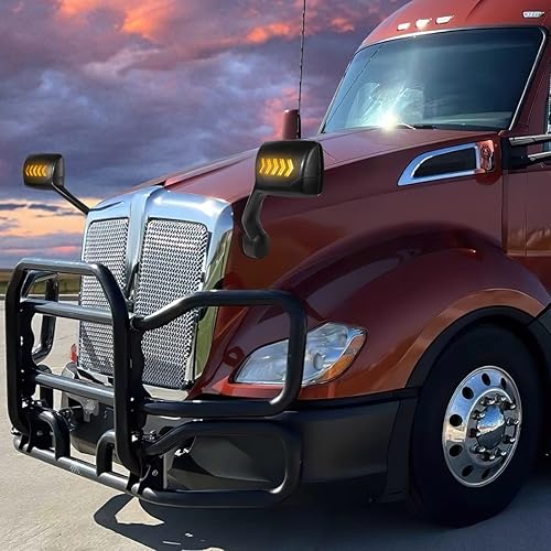 Miniatura 6 de [lado del conductor y del pasajero] Espejos de capó de camión negros con señal secuencial de flecha LED compatible con Kenworth T680 11-21