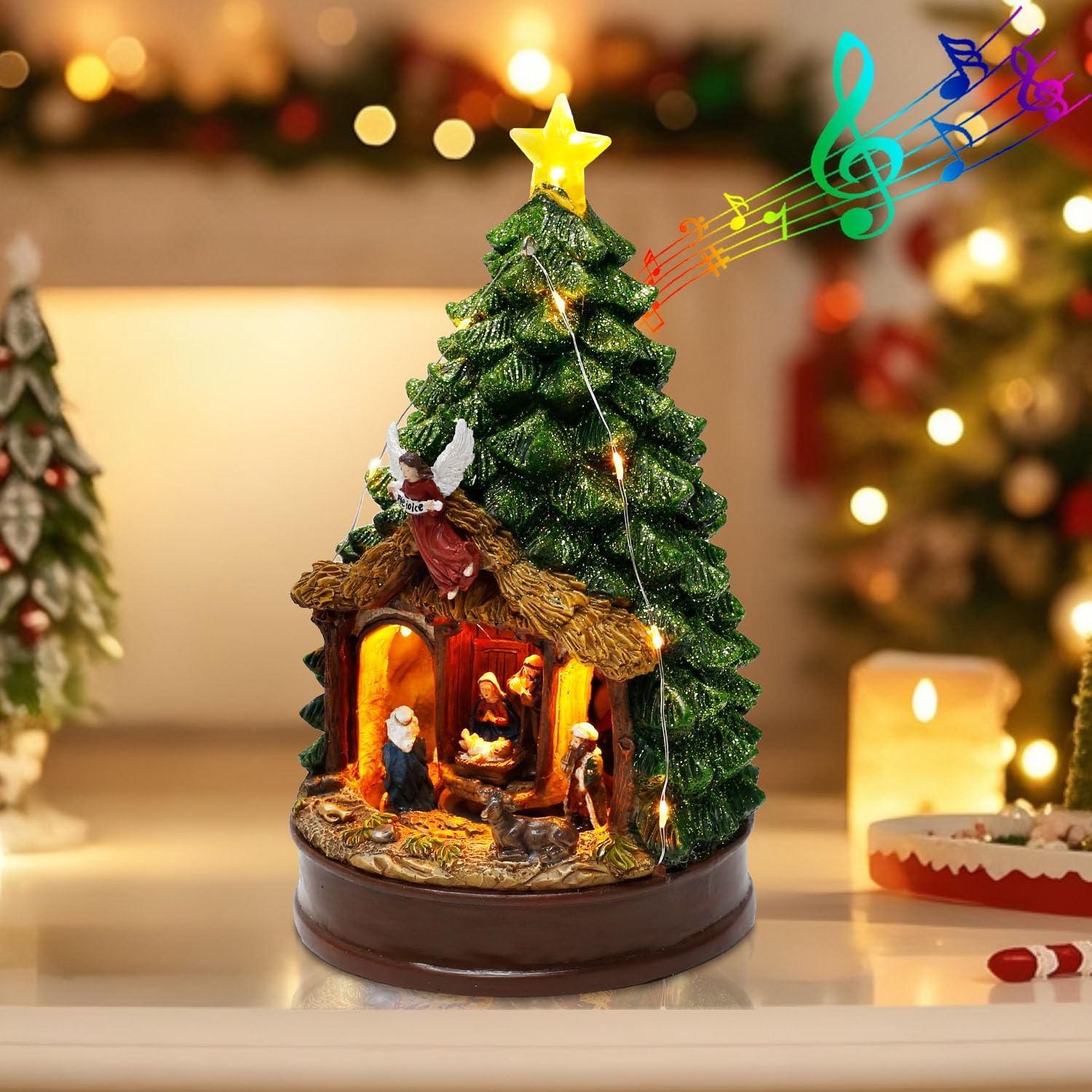 innodept12 Christmas Tree Rotating Nativity Scene Figurines – Music and Animated Holiday Decoration with Angel, Star & Manger – Collectible Tabletop Scene, 9.84" Tall